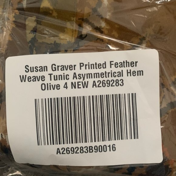 NWT SUSAN GRAVER PRINTED FEATHER WEAVE TUNIC ASYMMETRICAL HEM‎ OLIVE 4 - Picture 8 of 9